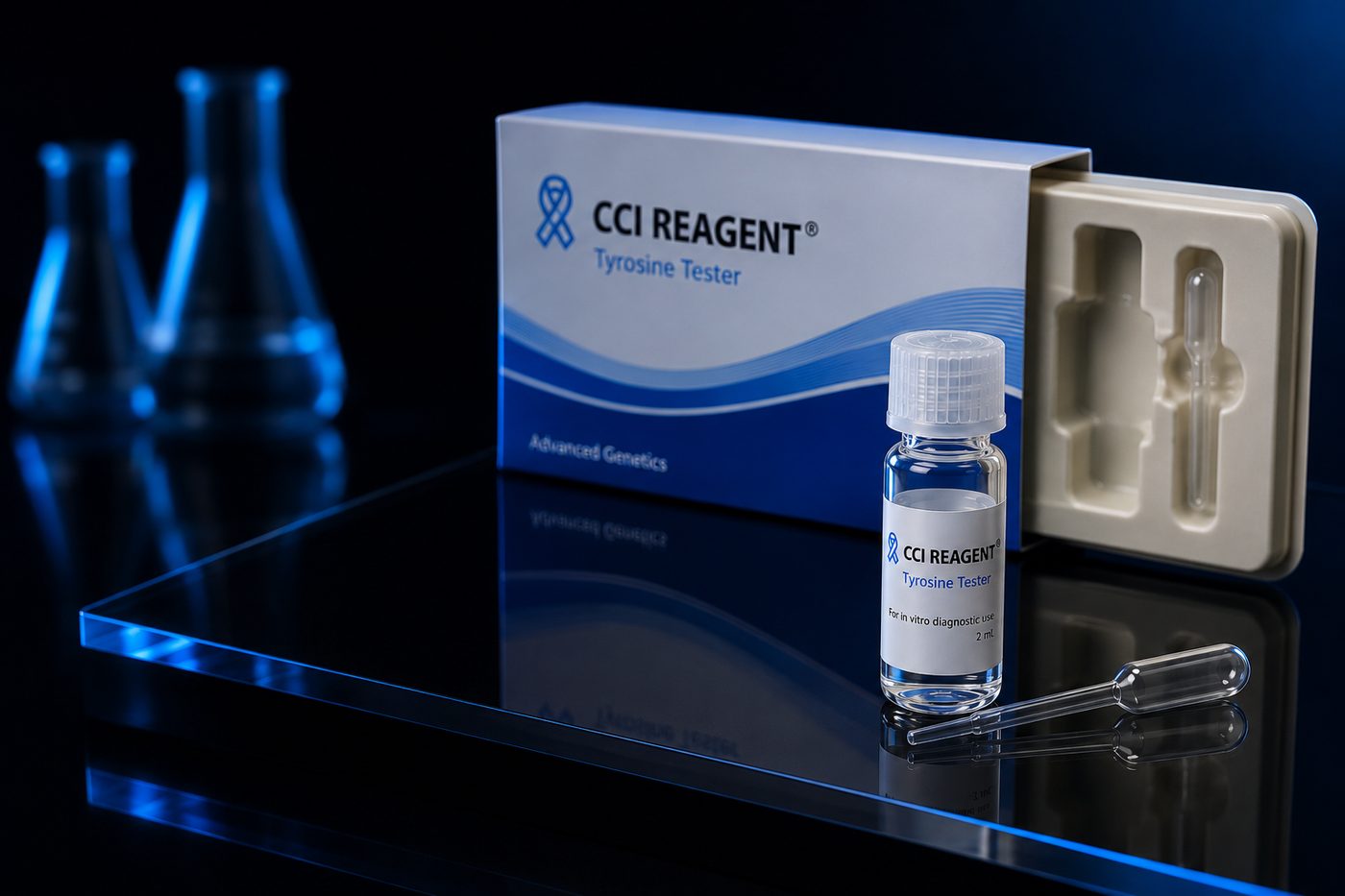 CCI REAGENT test kit on a dark reflective studio surface with blue lighting